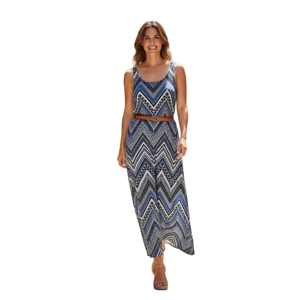 GLAMOUR Maxi Dress Fits Small Made in Egypt Blue Chevron Tribal Boho Resort Luxe